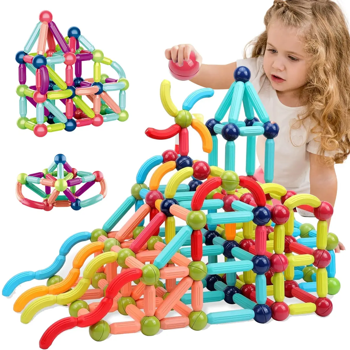 150 peças blocos magnéticos infantil, brinquedo STEM para desenvolvimento cognitivo, kit de barras e esferas magnéticas para crianças de 3 a 8 anos, educativo Montessori para criatividade 2D e 3D - 1