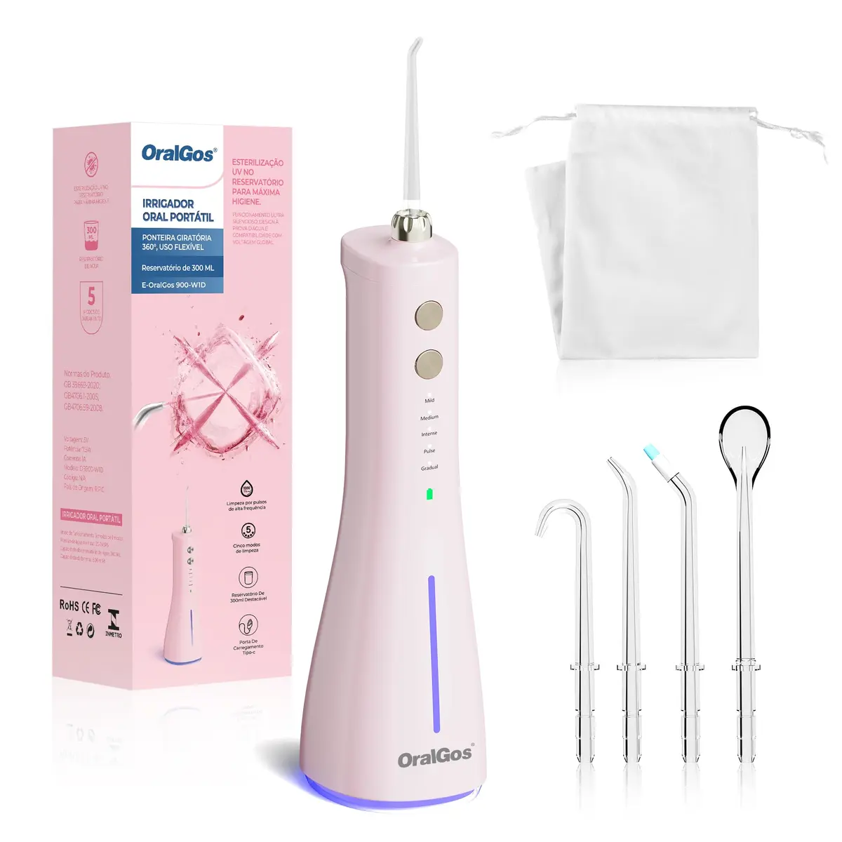 OralGos Irrigador Bucal Portátil, com Esterilização UV Water Flosser Elétrico Sem Fio, 300ML, 5 Modos de Limpeza, USB Recarregável, IPX7 À Prova D’Água, 4 Bicos Substituíveis, Viagem e Uso Doméstico (Rosa) - 1