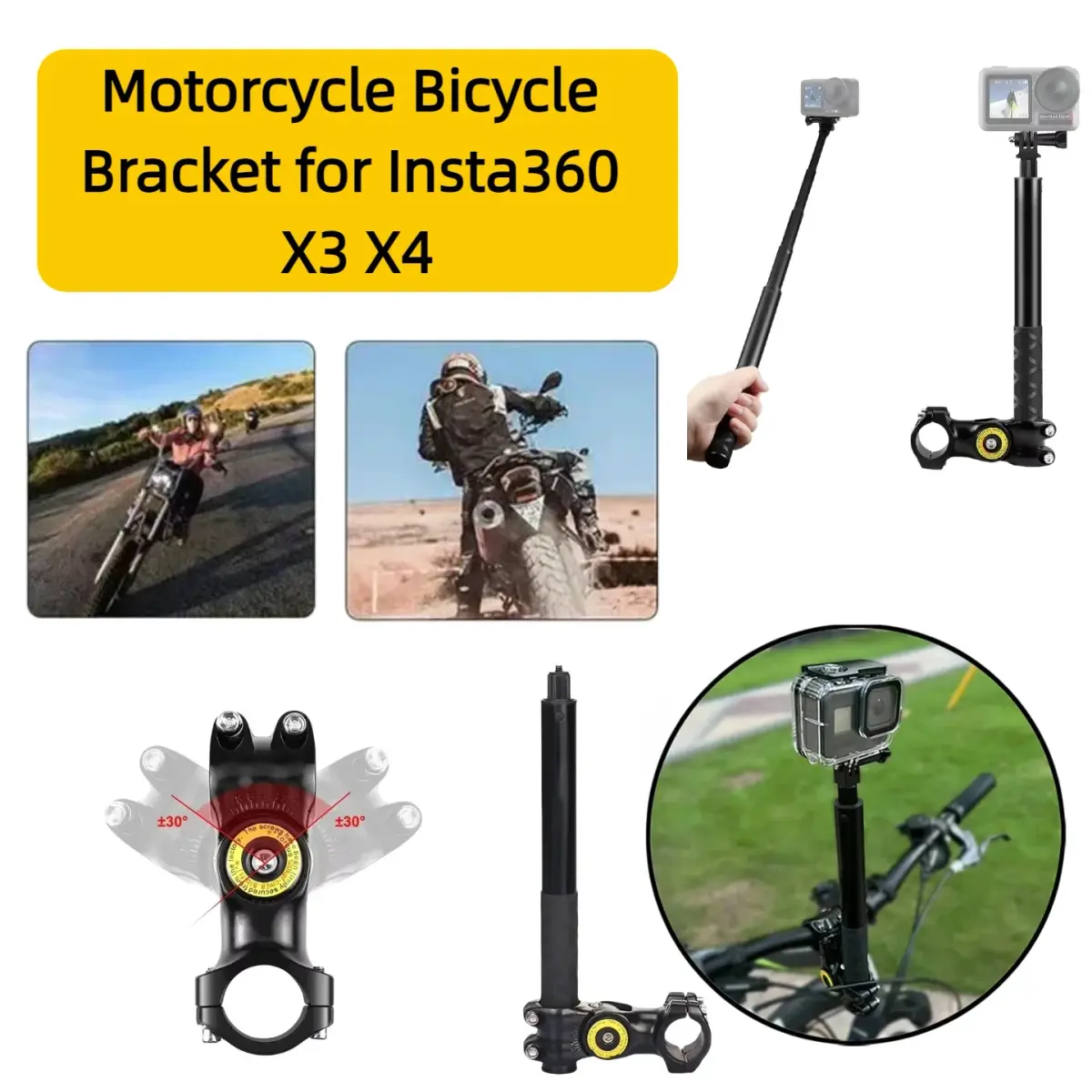 Suporte para Motocicleta e Bicicleta Insta360 X3 X4 com Bastão de Selfie Invisível para GoPro Hero12 11 10 e Acessórios para Câmeras de Ação DJI