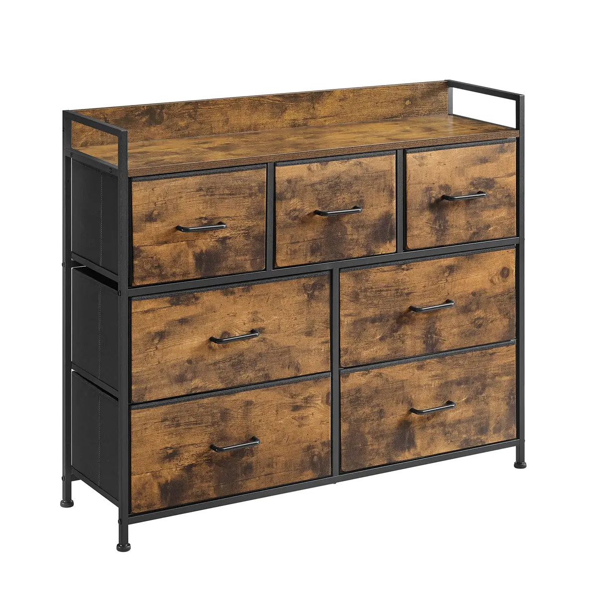 SONGMICS Cômoda, Armário de Quarto, 7 Gavetas de Tecido com Puxadores, Estrutura de Metal, Marrom Rústico e Preto Tinta BRLTS137B01