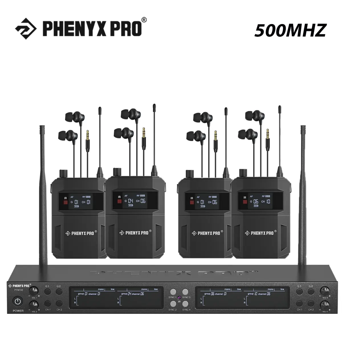Phenyx-sistema de monitor intra-auricular sem fio, quad channel, 500mhz, com saída de 4 loops, frequências uhf, suporte para estúdio/banda