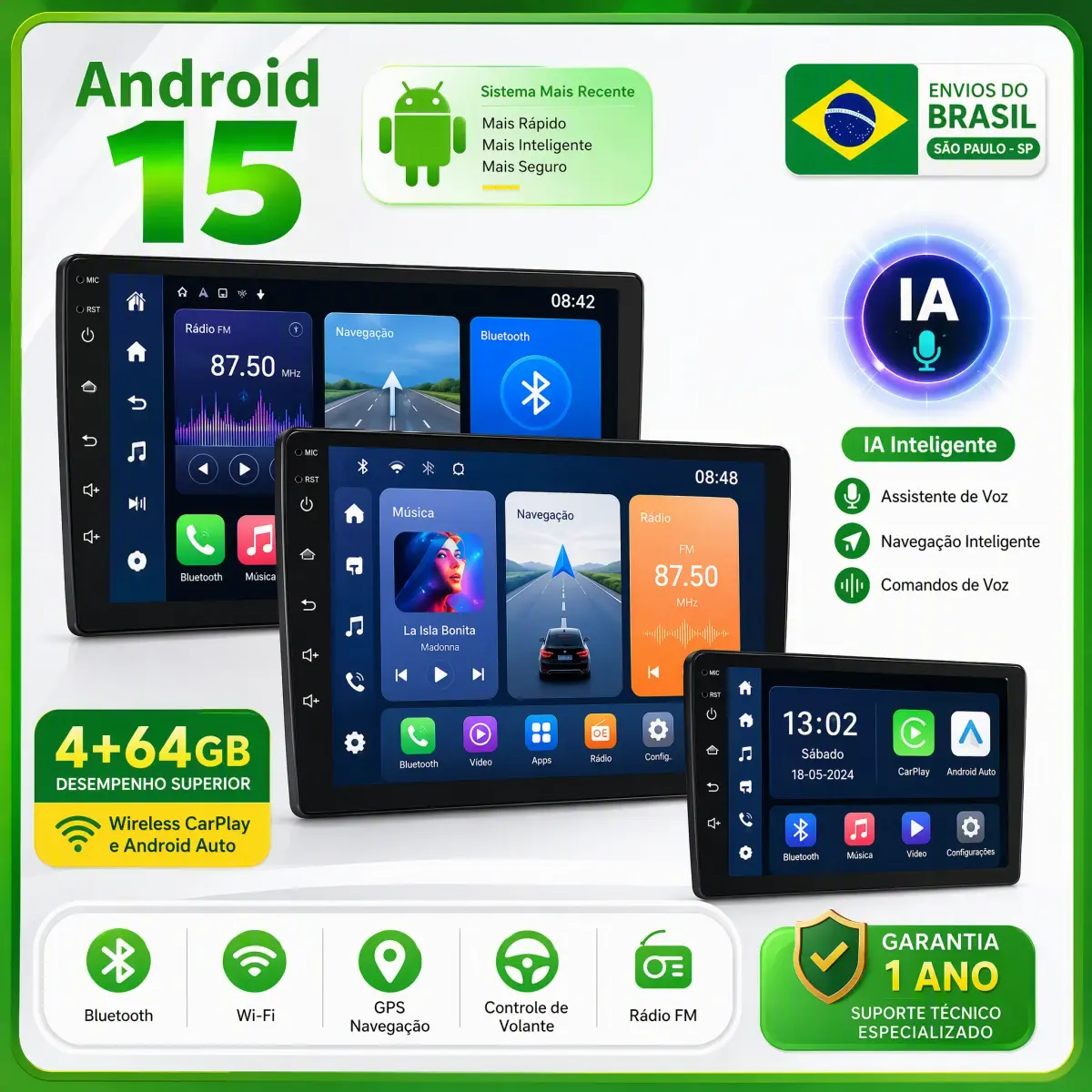 Rádio de Carro ESSGOO Android 15 com Carplay Sem Fio, 4G, 64G, Reprodutor de Vídeo Multimídia, GPS WIFI para Nissan, Kia, Honda, VW, Hyundai