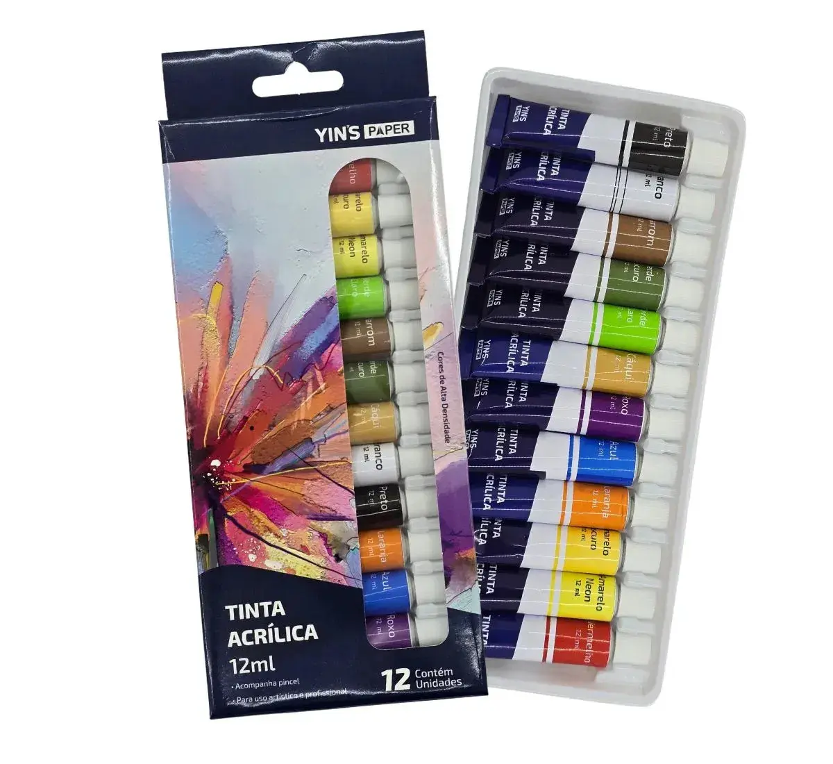 Kit Tinta Acrílica 12 Cores 12ml Bisnagas Alta Pigmentação Pintura Tela Madeira Papel
