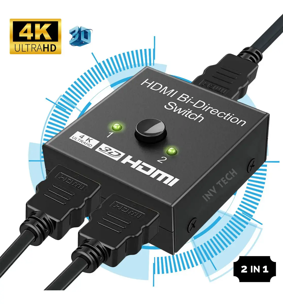 Chaveador Switch Hdmi 2x1 E 1x2 Bi-direcional 4k Ultra Hd 3d Transmissão Imagem Som Splitter Duplicador Hdmi Marca Inv Tech