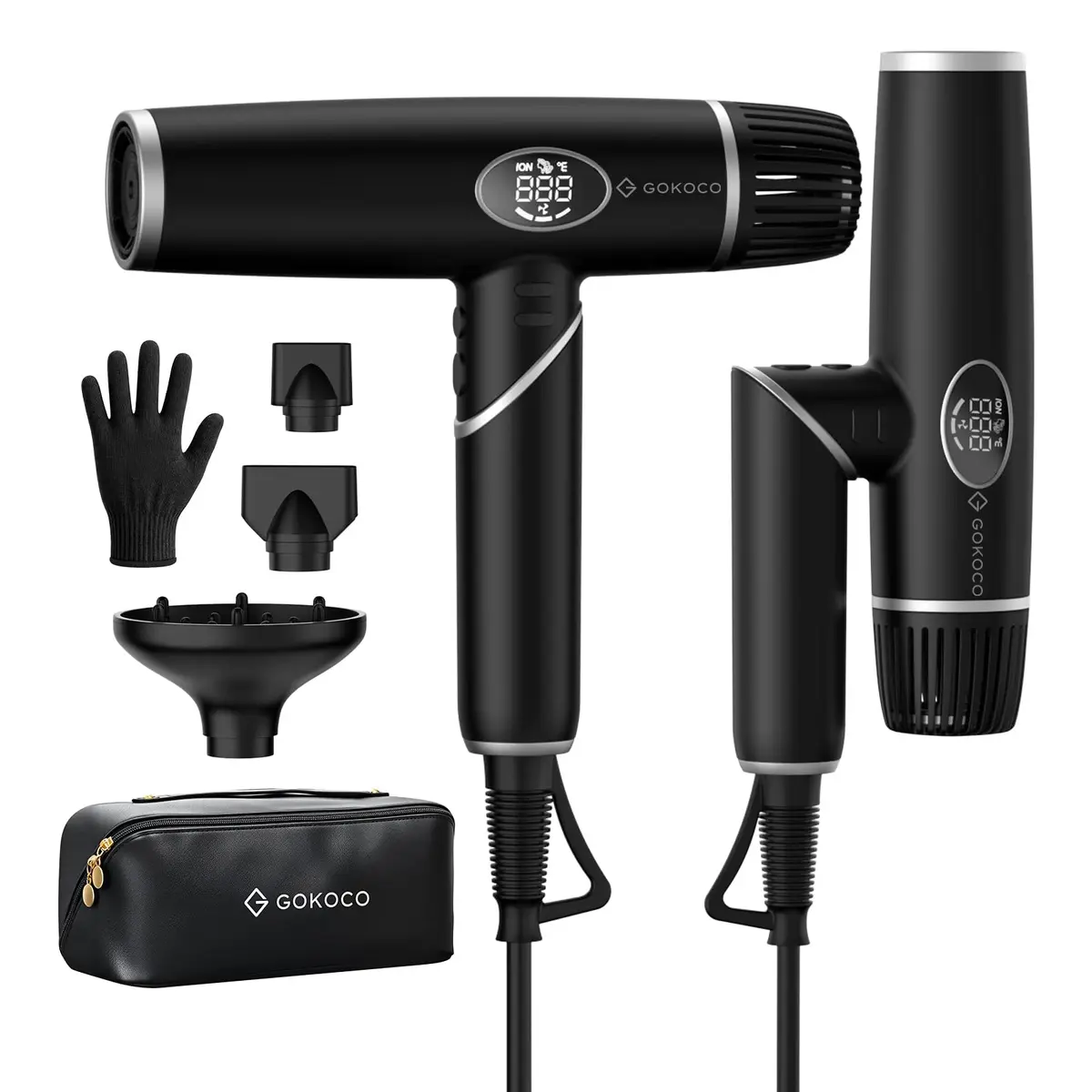 GOKOCO Secador de Cabelo Dobrável de Alta Velocidade,Bivolt,GD045 Motor Brushless 110.000 RPM,Íons Negativos,4 Temperaturas,3 Velocidades,com Difusor e Bicos Modeladores para Viagem,Preto