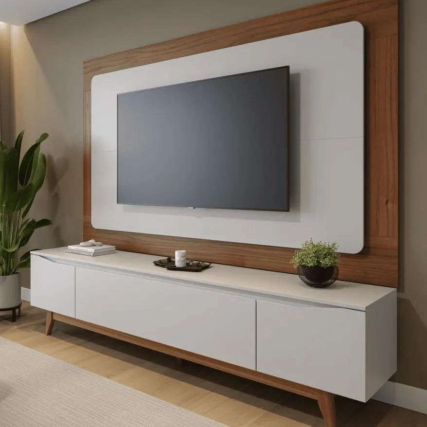 Rack com Painel para TV até 75 Polegadas MDF 185cm x 187,9cm Pés em Madeira Maciça Flynt Oslo Bege - 1