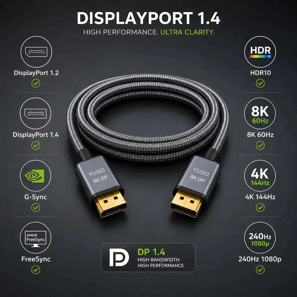 Cabo Displayport 1.4 8k 4k Reforçado 2 Metros Hdr 60hz 240hz Compatível G-sync Freesync Conector Ouro Monitor Gamer Áudio Imersivo Hdr Imersivo - Yuso thumbnail 2