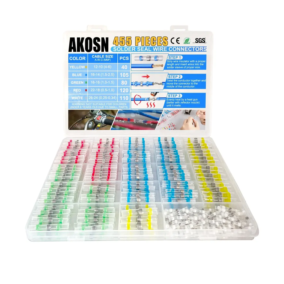 AKOSN Conector de Extremidade Auto-Soldável Termorretrátil de 455 Unidades, Kit de Conectores de Fio de Vedação de Solda, Conector de Emenda de Bastão de Solda de Fio À Prova D'Água para Automóveis El