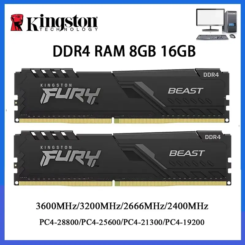 Memória RAM DDR4 Kingston BEAST 3200MHz 2666MHz 3600 2400MHz 8GB 16GB 4GB para Desktop Gaming PC4-25600 PC4-19200 288Pin DIMM DDR4