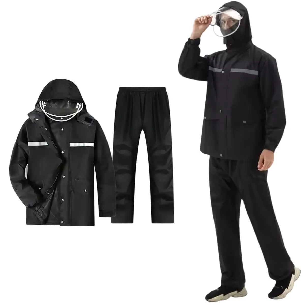 Capa de Chuva Motoqueiro Jaqueta e Calça Impermeável Refletiva com Capuz com Zíper e Botões Conjunto Ideal para Motociclistas Entregadores Masculino Feminino - 1