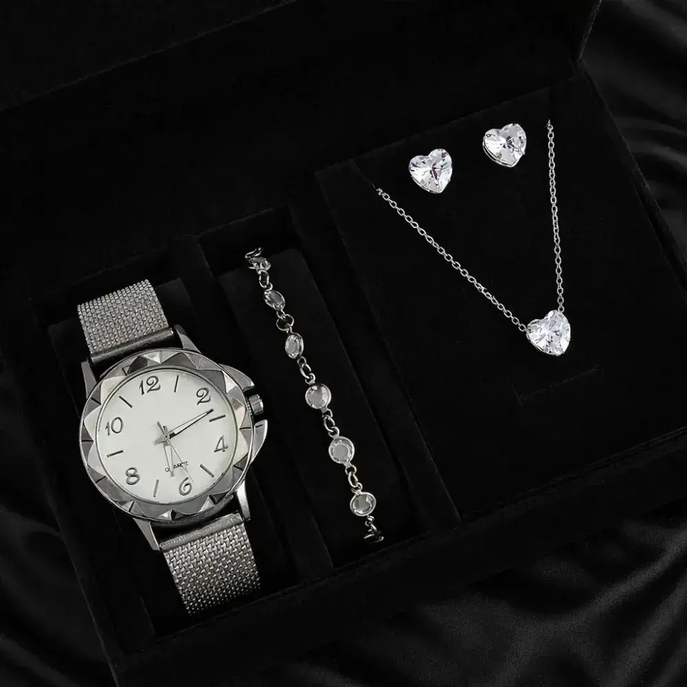 Kit Relógio Feminino Colar Brinco Pulseira Folheado Presente Prateado - 1