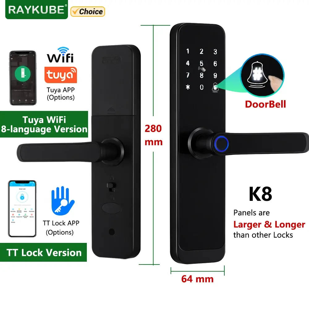 Raykube k8 fechadura de porta inteligente ttlock bluetooth/tuya wifi senha de impressão digital 13.56mhz cartão ic keyless smartlife casa - 1