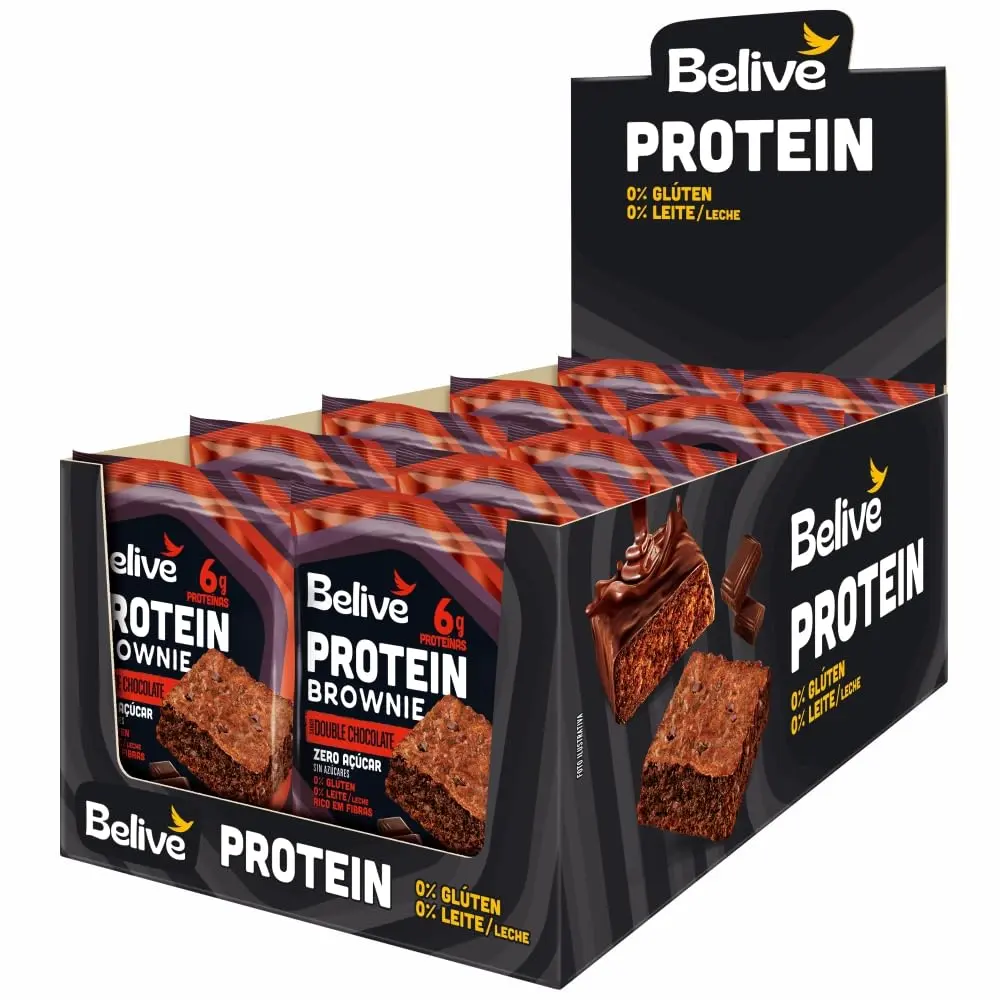 Caixa de Brownies de Chocolate Proteicos Sem Açúcar Sem Glúten Sem Leite Belive - 10 unidades de 40g