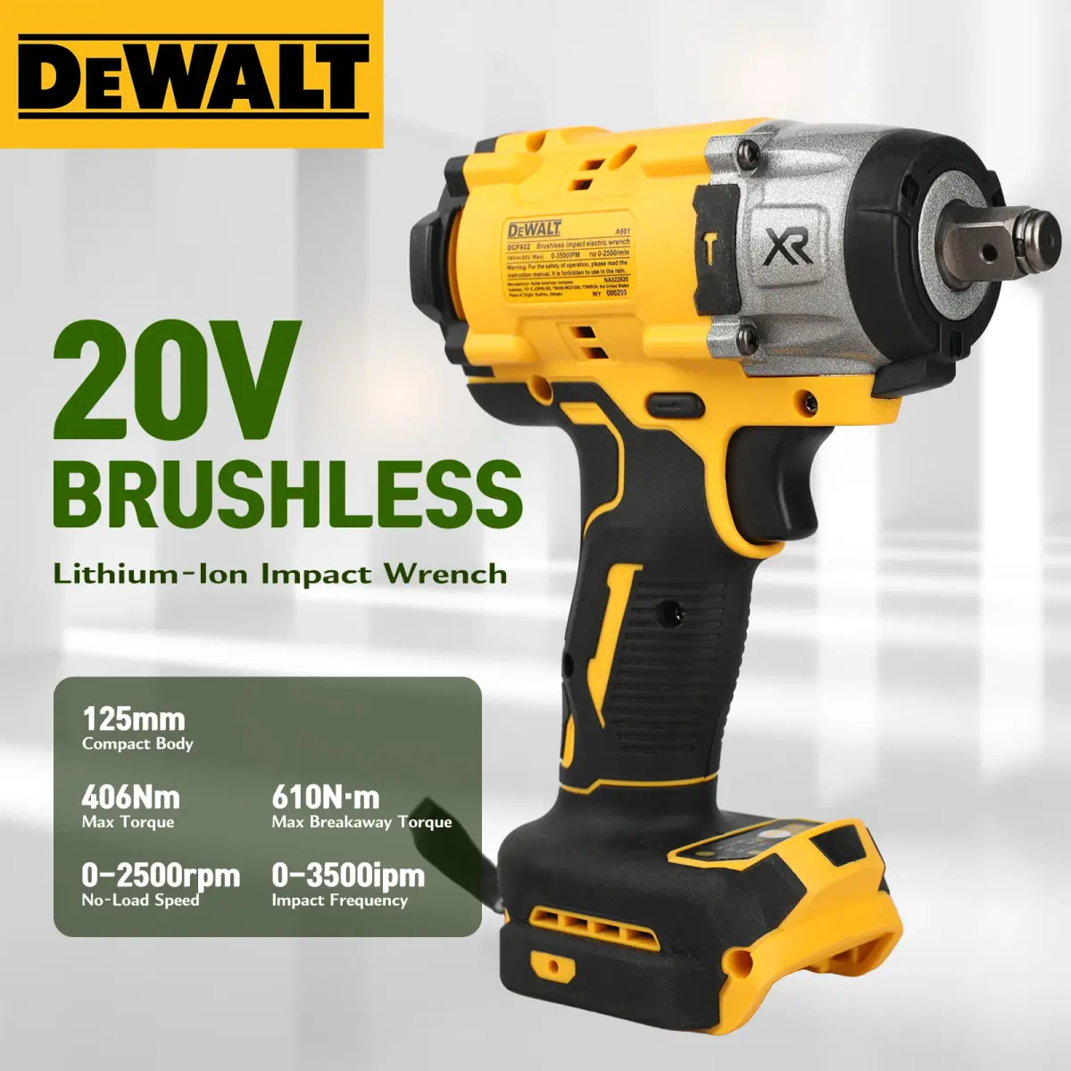 DEWALT DCF922 20V Chave de Impacto Compacta com Motor Sem Escovas Ferramenta Profissional para Reparo e Montagem de Caminhões - 1