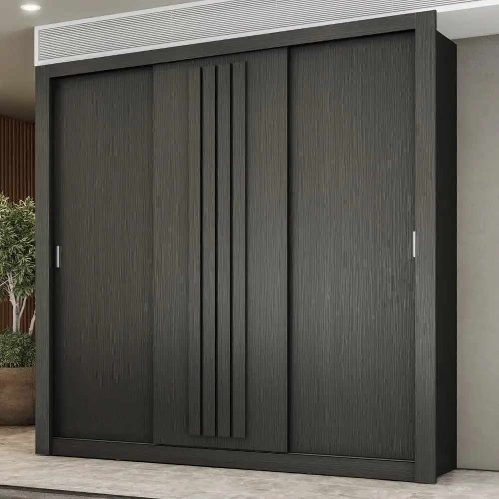 Guarda Roupa Casal 3 Portas Doha Carraro Ripado Preto Touch