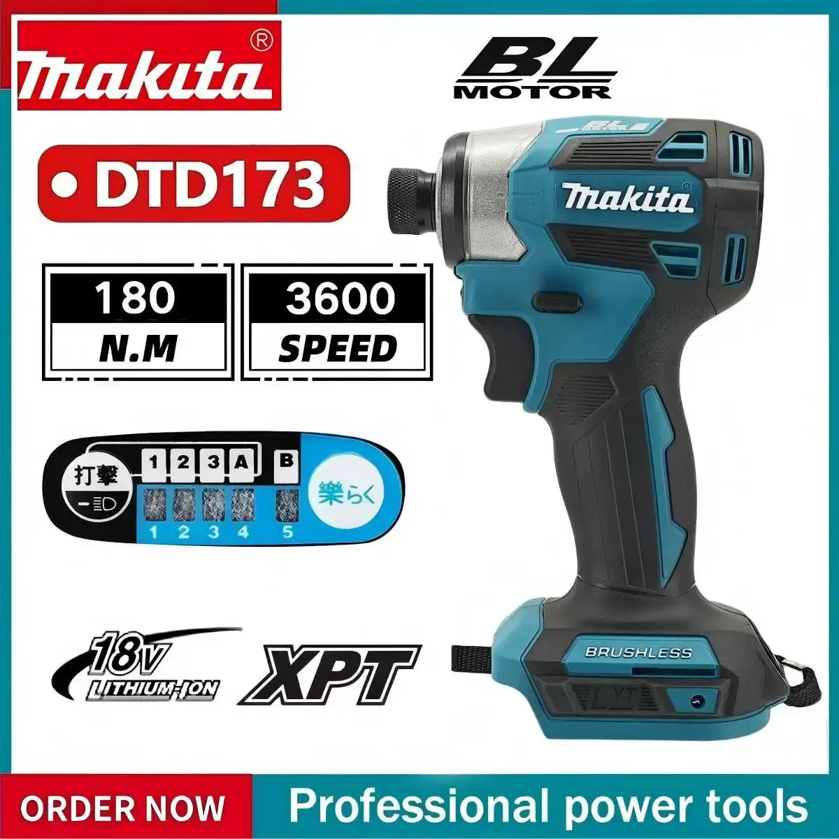 Parafusadeira de Impacto Sem Fio Makita DTD173 1800RPM 180Nm com Motor Brushless e Modo T para Parafusos de Madeira, Compatível com Bateria Makita