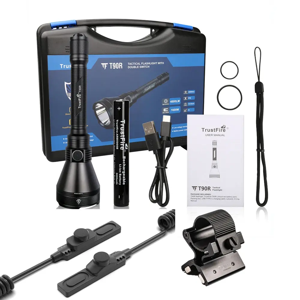 Trustfire t90r caça lanterna poderosa 4800 lúmen 1600 metros led tocha de alta potência usb c recarregável lâmpada militar auto-defens