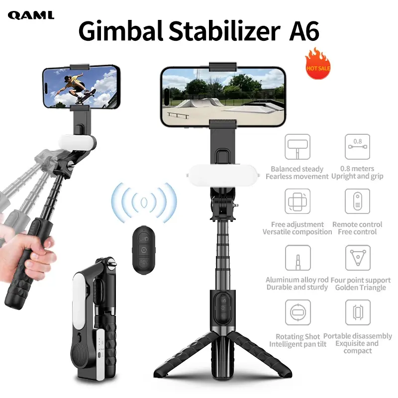Estabilizador gimbal portátil de 1 eixo QAML A6 2025 com bastão de selfie/tripé, controle remoto sem fio, bateria de íon-lítio de 400mAh, carregamento USB, iOS - 1