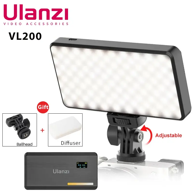 Ulanzi-VL200 LED Camera Light com tripé e suporte do telefone, luz de vídeo regulável com difusor macio, cabeça de bola 360 °, 2500K a 9000K - 1
