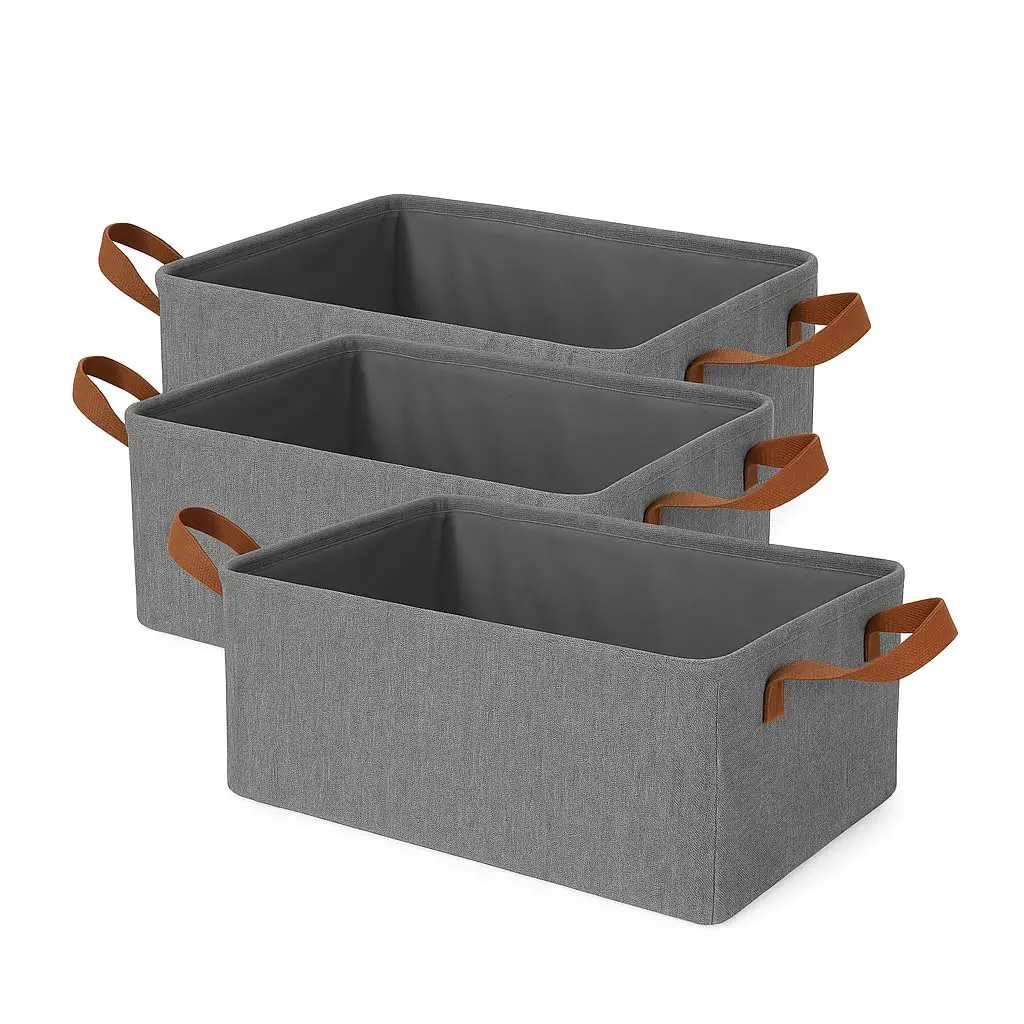 Conjunto de 3 Caixas Organizadoras Dobráveis, 26 Litros, Cinza | 47x28x20cm, Alças em Nylon, Para Armário, Quarto e Banheiro