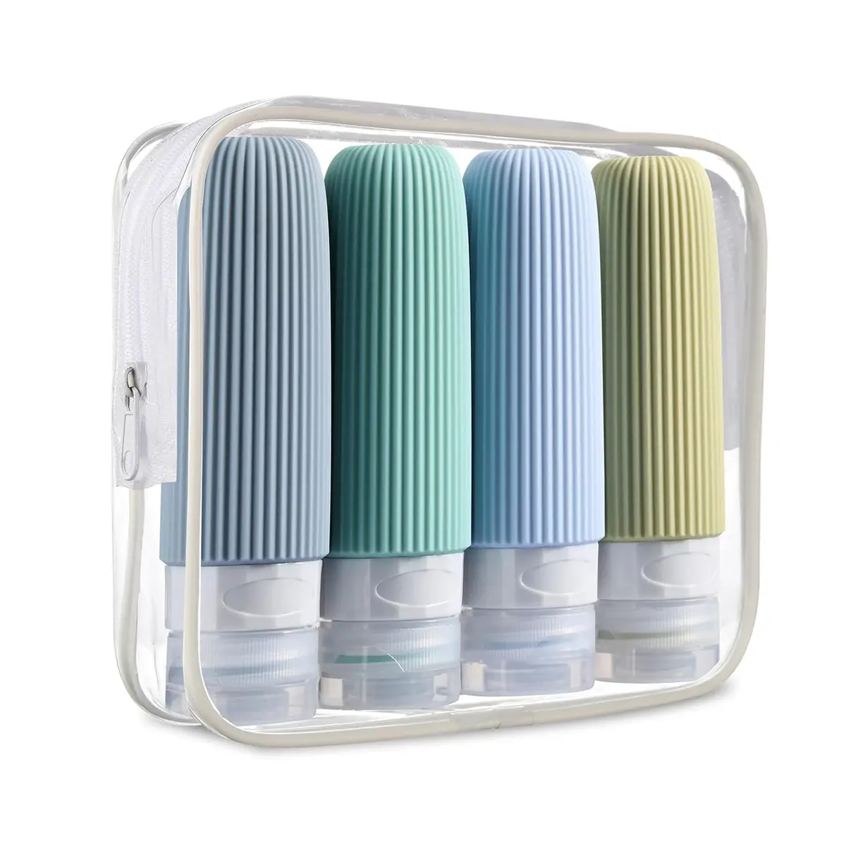 Kit de Frascos de Viagem para Cosméticos, 4 Peças, Design Canelado, Recipiente de tamanho de viagem de silicone squeezable à prova de vazamento, Cores Neutras (Verde)