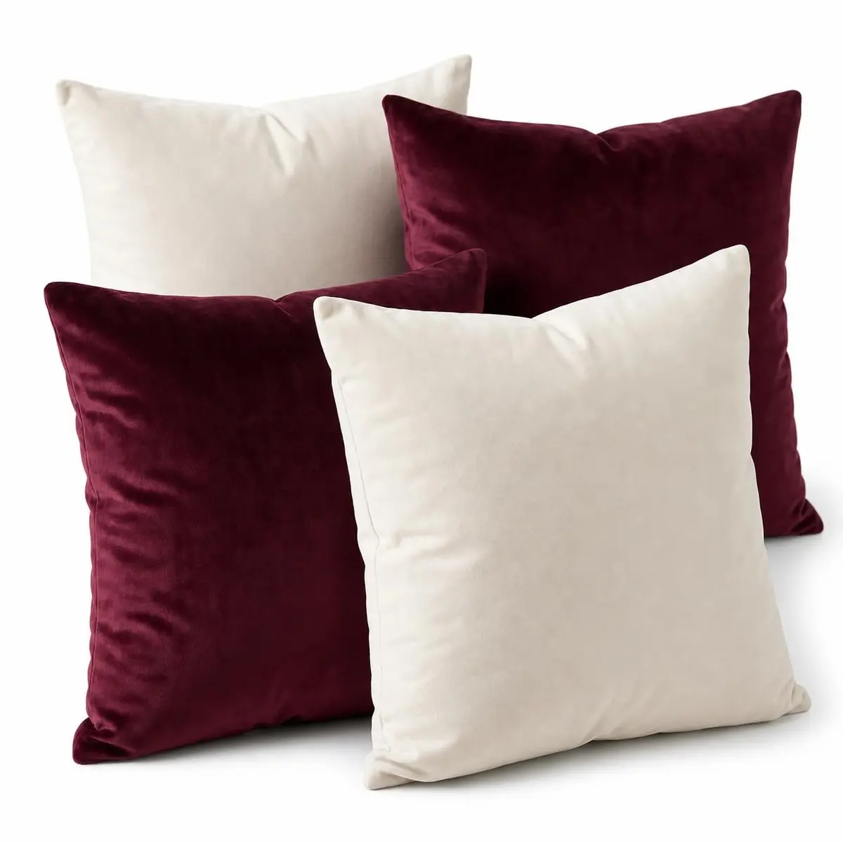 Kit 2 capas bordô + 2 capas bege para almofadas 45x45 suede aveludada macia com zíper invisível e costura reforçada decorativa para sala quarto sofá