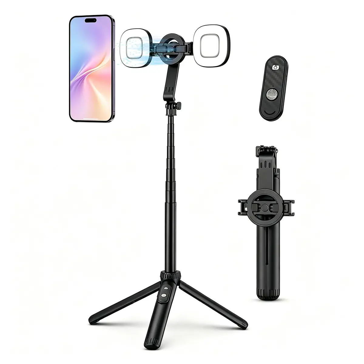 AQWS Tripé Magnético para Celular com 2 Luzes LED, Bastão de Selfie Extensível com Controle Remoto Sem Fio, Rotação 360°, Compatível com iPhone e Android, Portátil e Leve para Fotografia e Vídeo