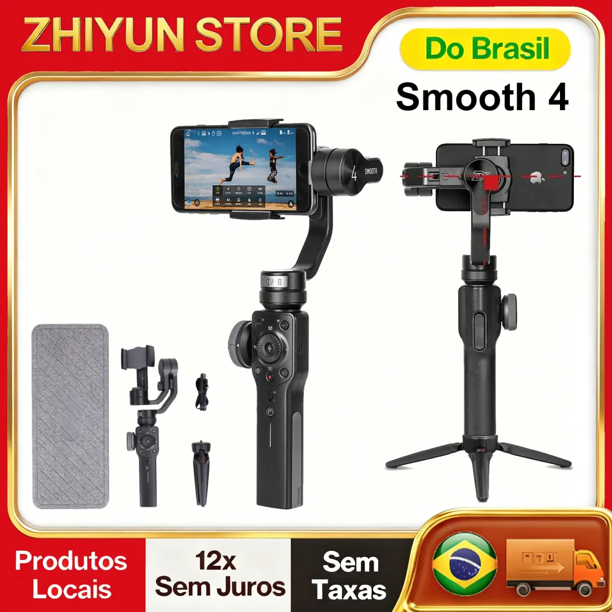【Do Brasil】ZHIYUN Smooth 4 Gimbal para smartphone de 3 eixos com rastreamento de objetos Timelapse Focus/Zoom Wheel para iPhone Android para Youtube Vlogging