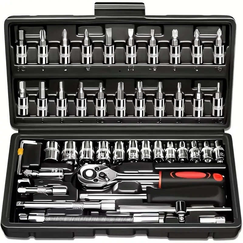 Kit De Ferramentas 46 Peças Jogo De Soquetes Chave Catraca Reversível Com Maleta Jogo De Ferramentas Completo
