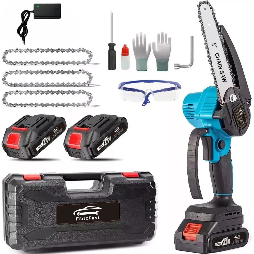 FINYQBET Mini Sem Fio Motosserra de Mão de 8",com 2 Baterias 21V (100-240V) | Motosserra Portátil com Motor Sem Escova, Mais Suave e Seguro, Ideal para Poda de Árvores/Jardinagem/Trabalhos em Fazenda