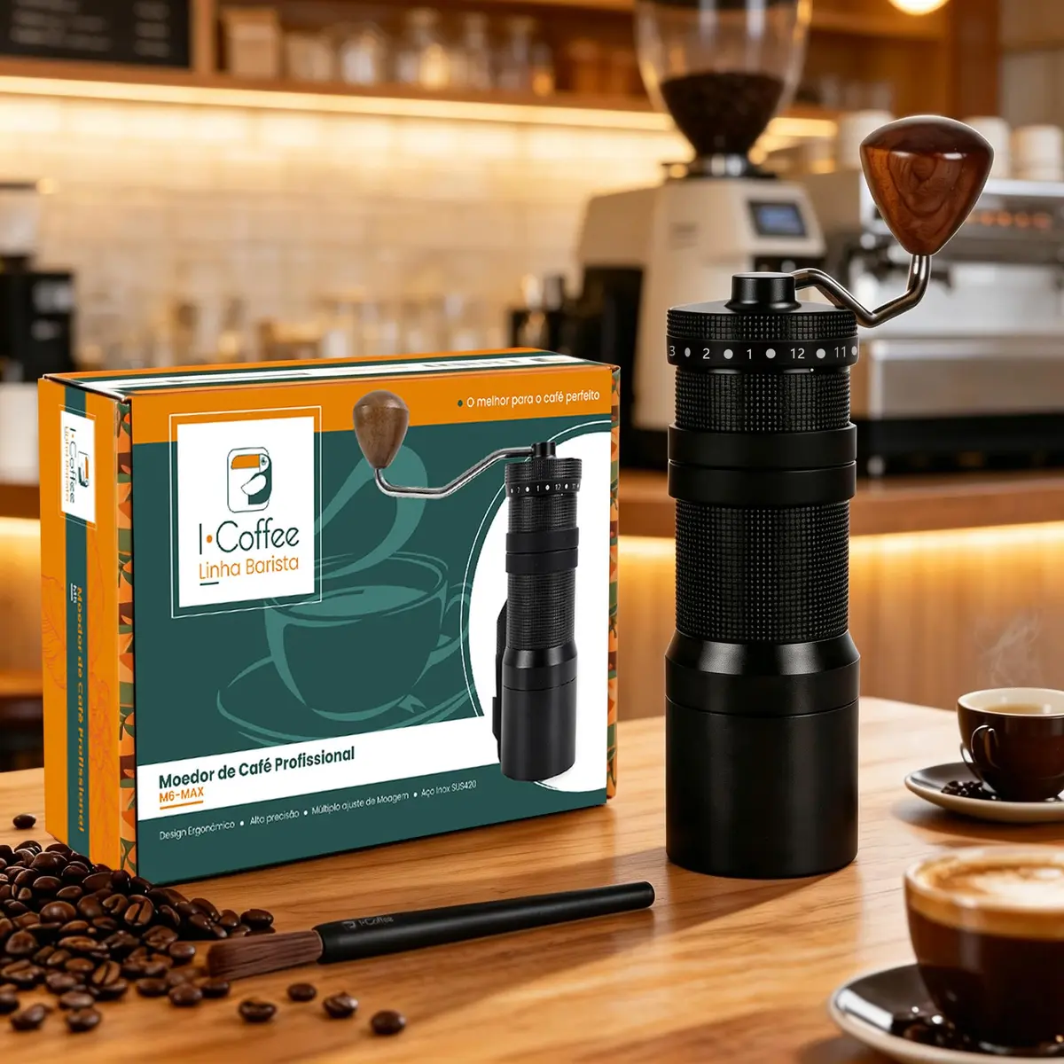 iCoffee Moedor Manual de Café Ajustável com Pincel M3PRO profissional (Preto 40g)