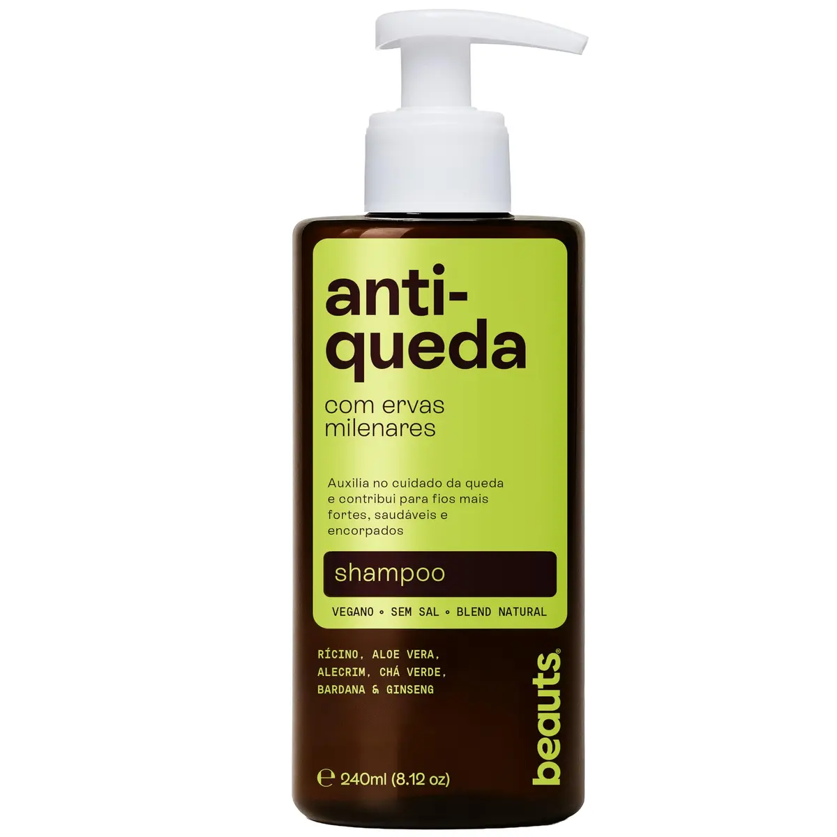 Shampoo Antiqueda com Babosa (Aloe Vera), Alecrim, Jaborandi, Rícino e Ginseng – Auxilia no Cuidado da Queda e no Fortalecimento Capilar – Vegano – 240 mL – Beauts