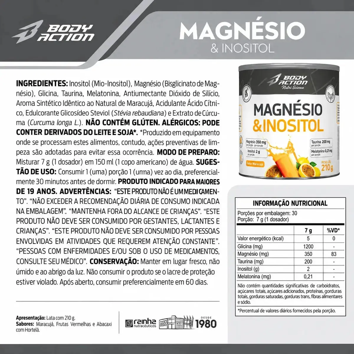 Mineral/Vitamina Bodyaction Nutri Science Magnésio E Inositol Taurina Melatonina 210g em pó sabor Maracujá x 210g thumbnail 4