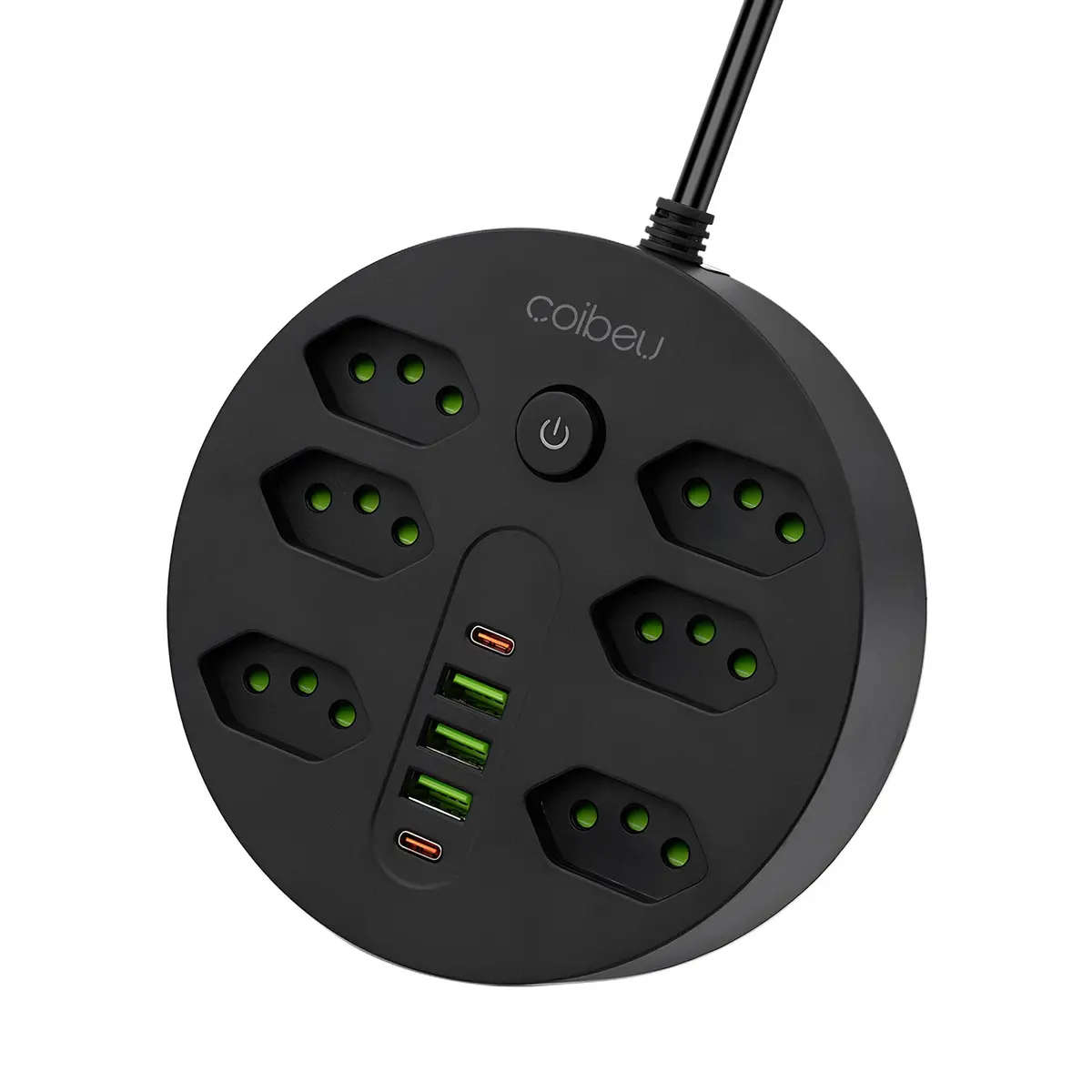 Extensão Tomada, Régua Tomada, Régua de Energia, 6 Tomadas, 3 Interfaces USB, 2 Porta USB Tipo-C, Cabo de Alimentação de 1,9 metros, Suporte a Tensão de 110-220V, Potência de 2500W, Preto