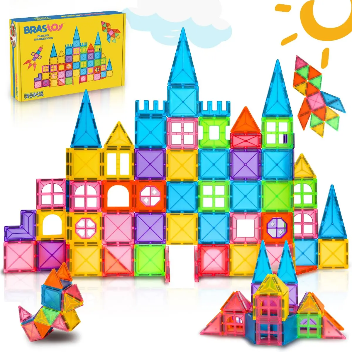 Blocos de Montar Magnéticos Construção Brinquedos Infantil (120 Peças Tamanho Médio)