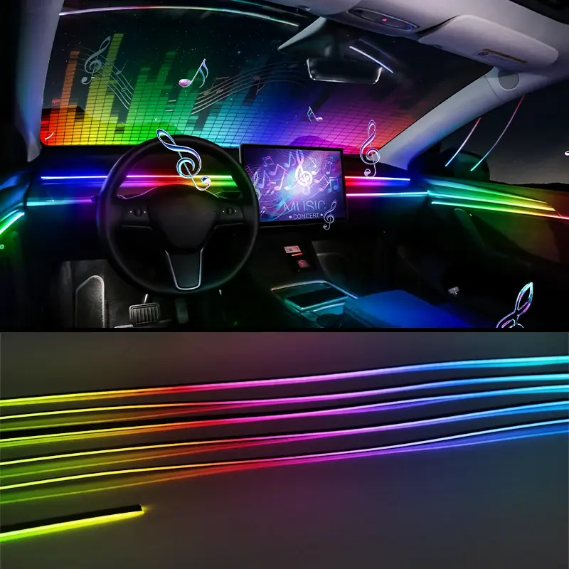 Acrílico flâmula luzes ambiente do carro, RGB 64 cores, Universal LED Interior, Hidden Strip, Symphony atmosfera lâmpada - 1