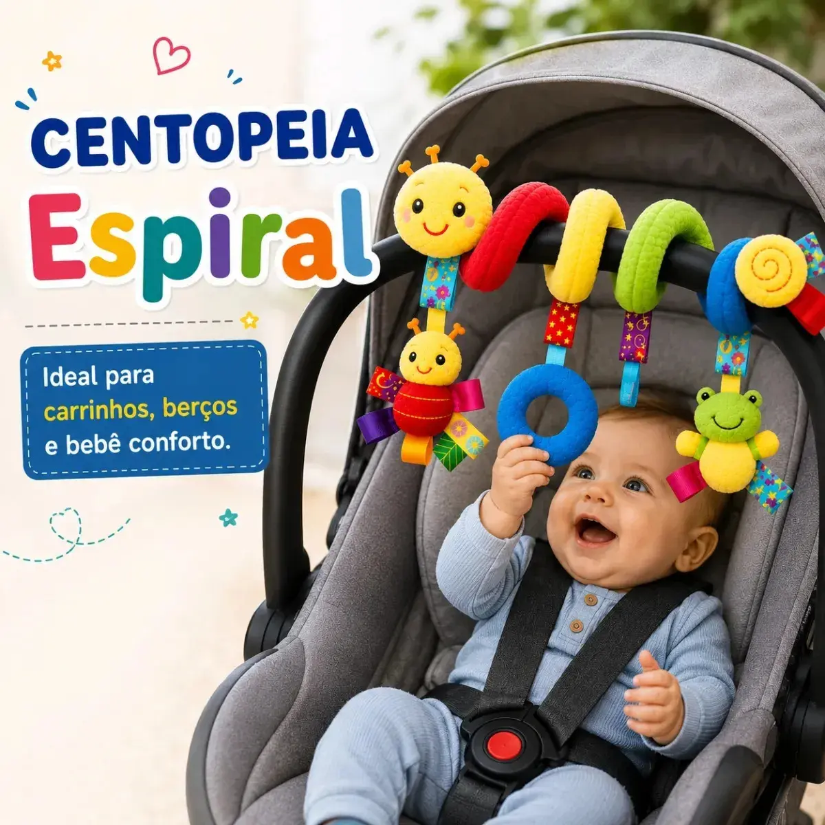 Centopéia Espiral Bichinho Pelúcia Brinquedo Carrinho Berço Bebê Conforto com Chocalho de Pendurar Sensorial - 1