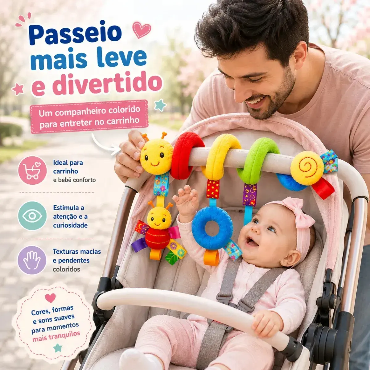 Centopéia Espiral Bichinho Pelúcia Brinquedo Carrinho Berço Bebê Conforto com Chocalho de Pendurar Sensorial thumbnail 3