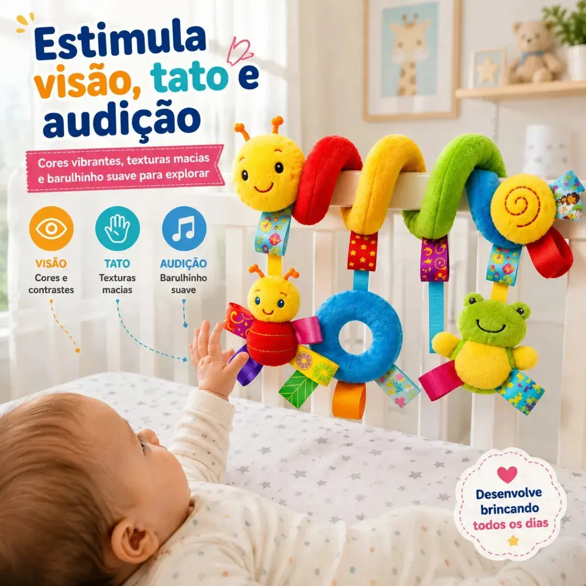 Centopéia Espiral Bichinho Pelúcia Brinquedo Carrinho Berço Bebê Conforto com Chocalho de Pendurar Sensorial thumbnail 4