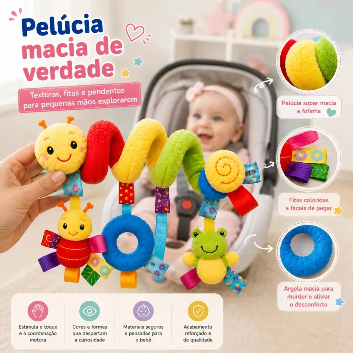 Centopéia Espiral Bichinho Pelúcia Brinquedo Carrinho Berço Bebê Conforto com Chocalho de Pendurar Sensorial thumbnail 5