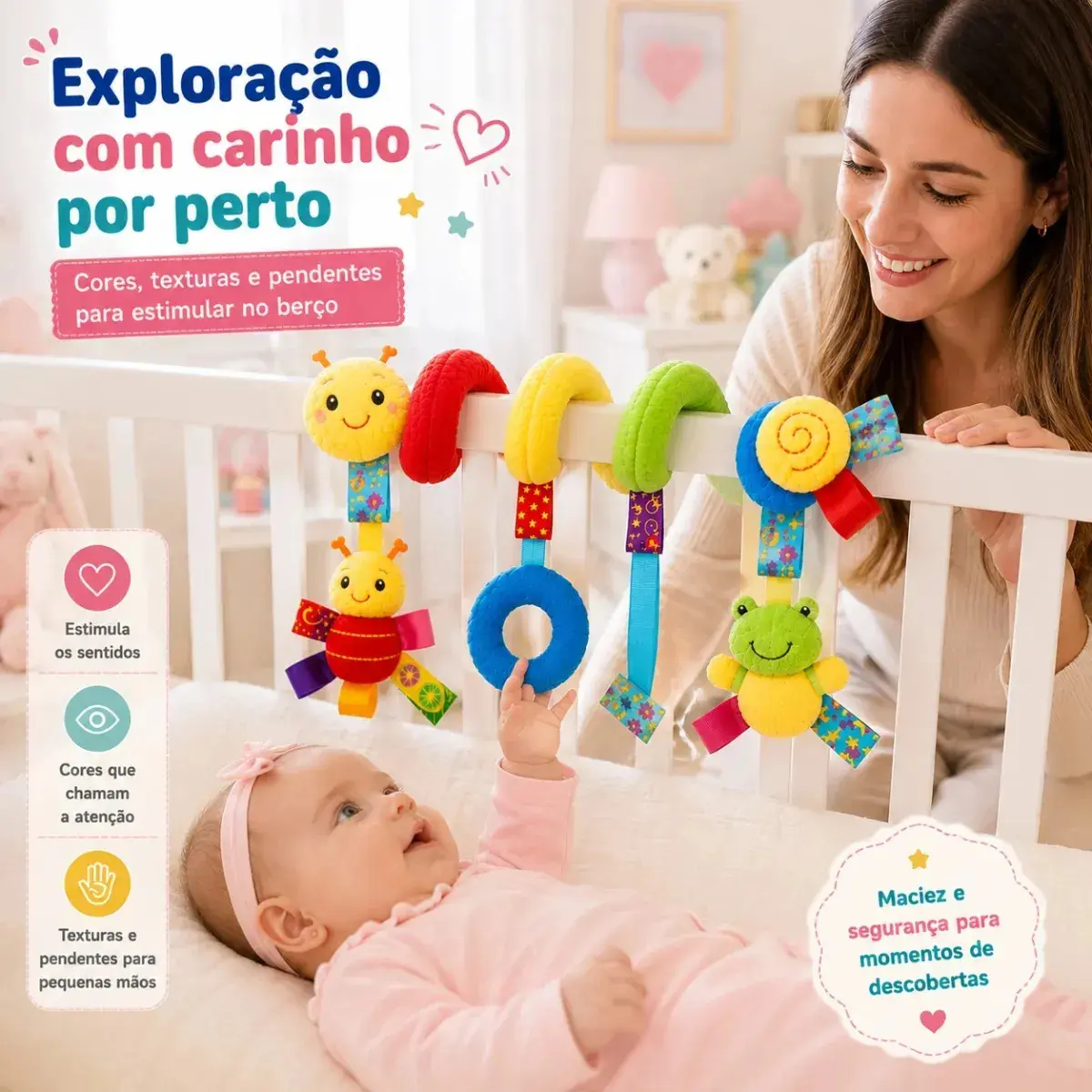 Centopéia Espiral Bichinho Pelúcia Brinquedo Carrinho Berço Bebê Conforto com Chocalho de Pendurar Sensorial thumbnail 6