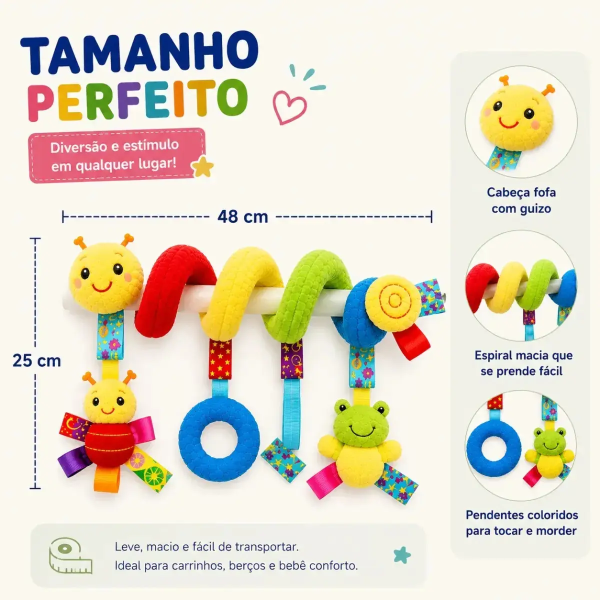 Centopéia Espiral Bichinho Pelúcia Brinquedo Carrinho Berço Bebê Conforto com Chocalho de Pendurar Sensorial thumbnail 7