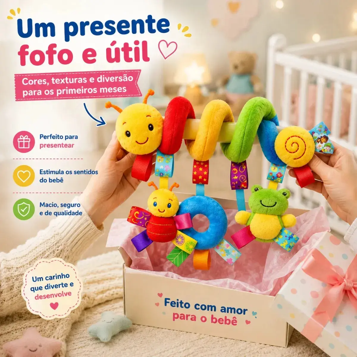 Centopéia Espiral Bichinho Pelúcia Brinquedo Carrinho Berço Bebê Conforto com Chocalho de Pendurar Sensorial thumbnail 8
