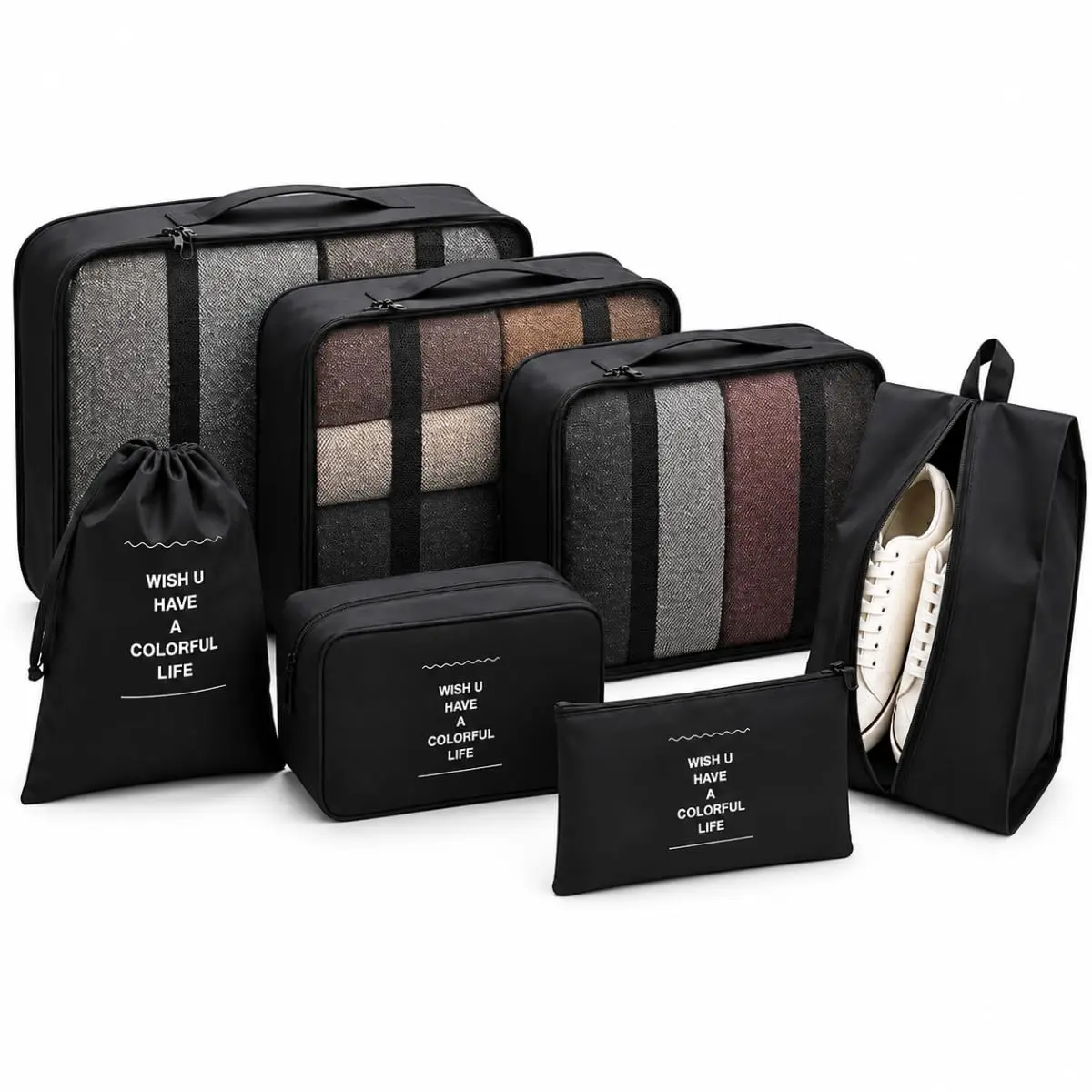 Kit Organizador de Mala Viagem 7 Peças Bolsa Organizadora Bagagem Preta | Bolsa Organizadora de Malas para Viagens - Kit Viagem com 7 Unidades - Necessaire Organização - Roupas Sapatos Cosméticos