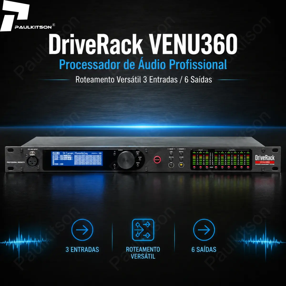 Paulkitson DriveRack VENU360 Processador de Áudio Profissional 3 Entradas 6 Saídas DSP Palco Shows ao Vivo Estúdio Pro FIR AES