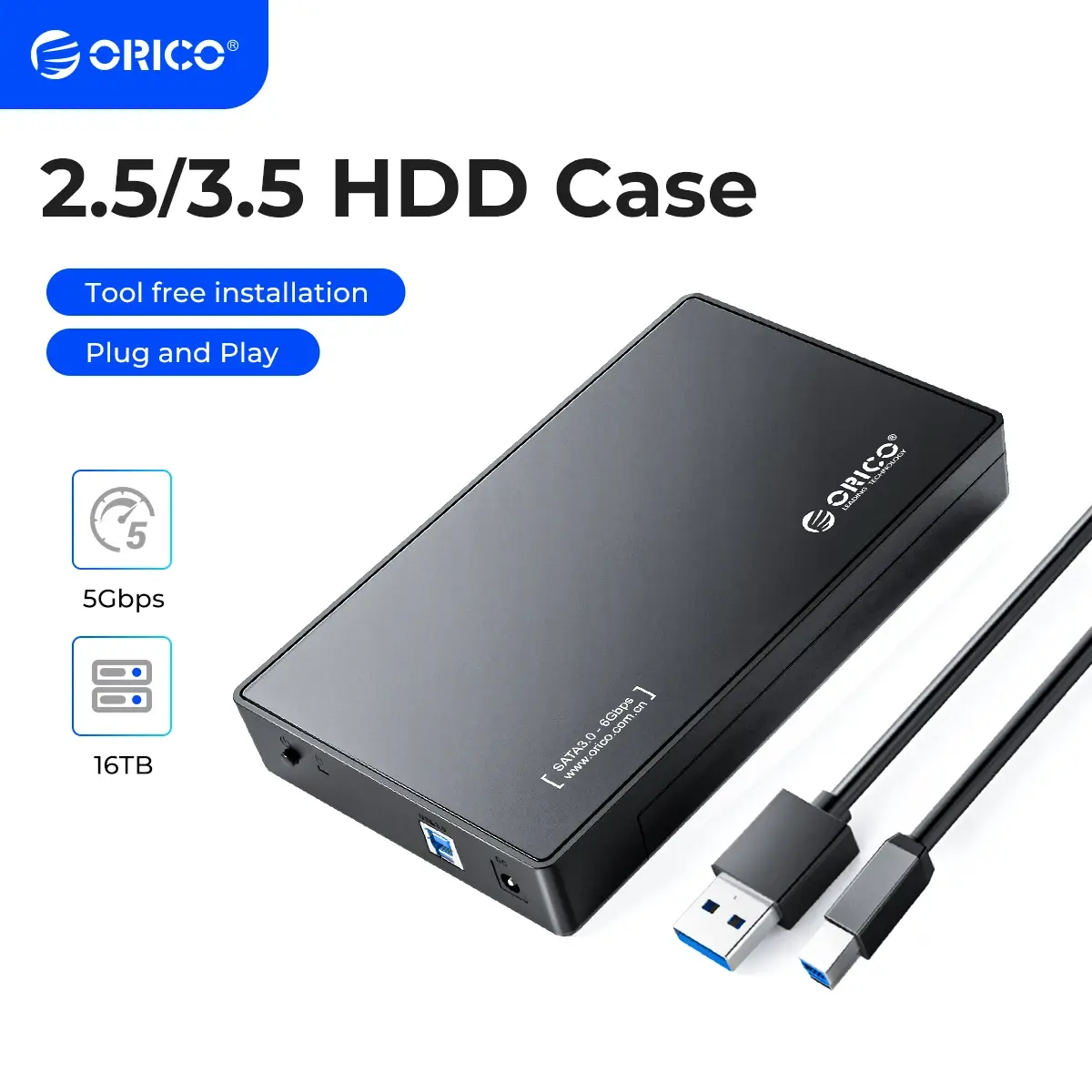 ORICO-Gabinete de Disco Rígido Externo, SATA para USB 3.0, HDD Case, 12V, 2A Power Adapter, Suporte UASP Tool, Livre, 3.5"