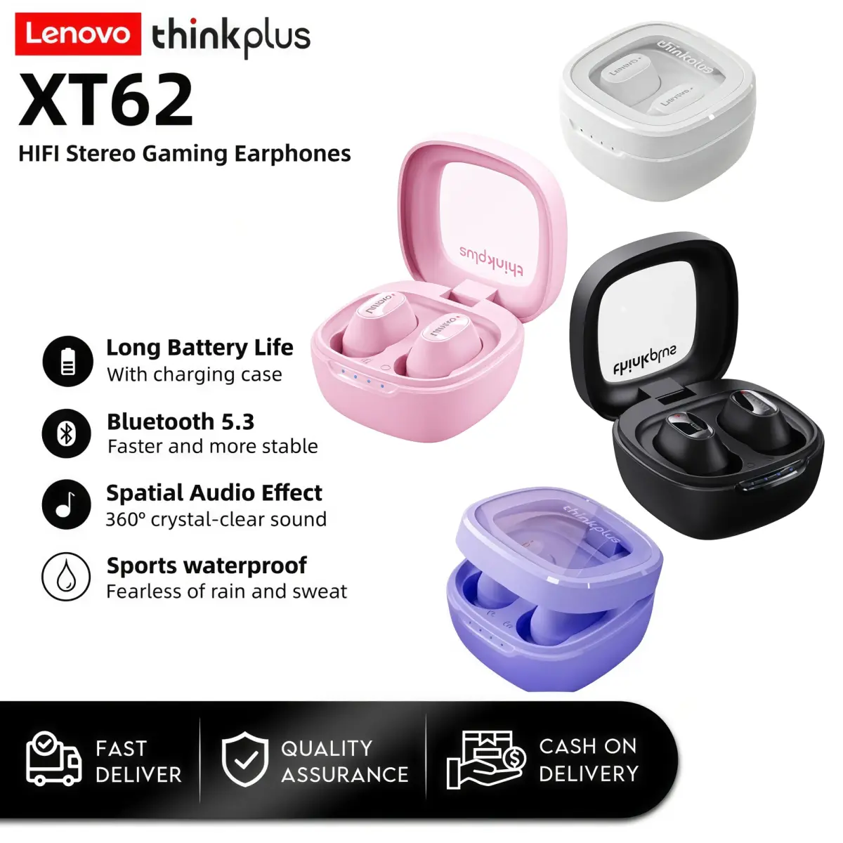 Fones de ouvido Lenovo XT62 Bluetooth 5.3 Mini Earbuds sem fio HiFi Sport com redução de ruído e microfone com controle de toque TWS Origina
