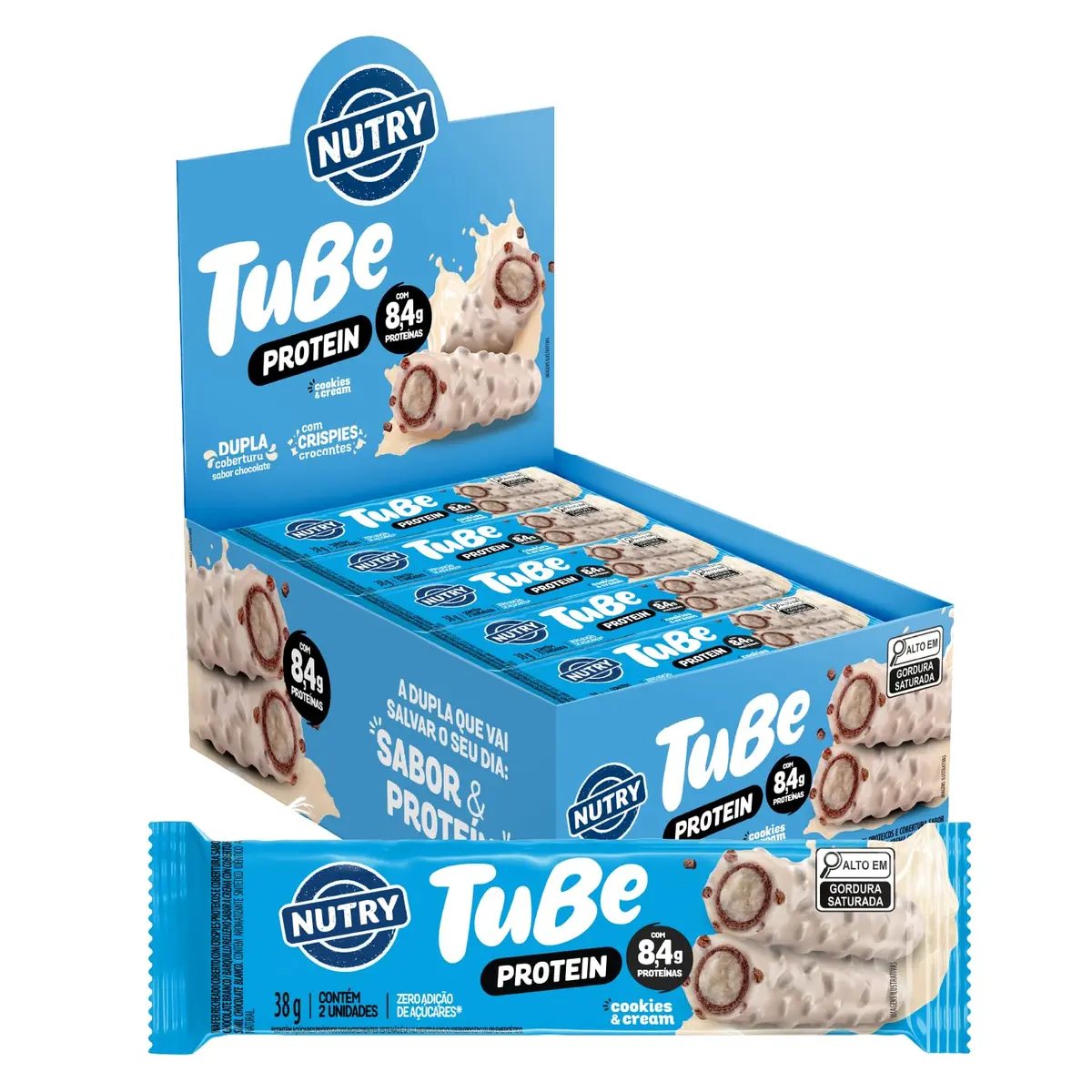 Nutry Tubo de Proteína Tube Protein Cookies & Cream 38g - Display | Com 12 Unidades, 8,4g de Proteína, Cobertura sabor Chocolate Branco e Zero Adição de Açúcares e Cacau