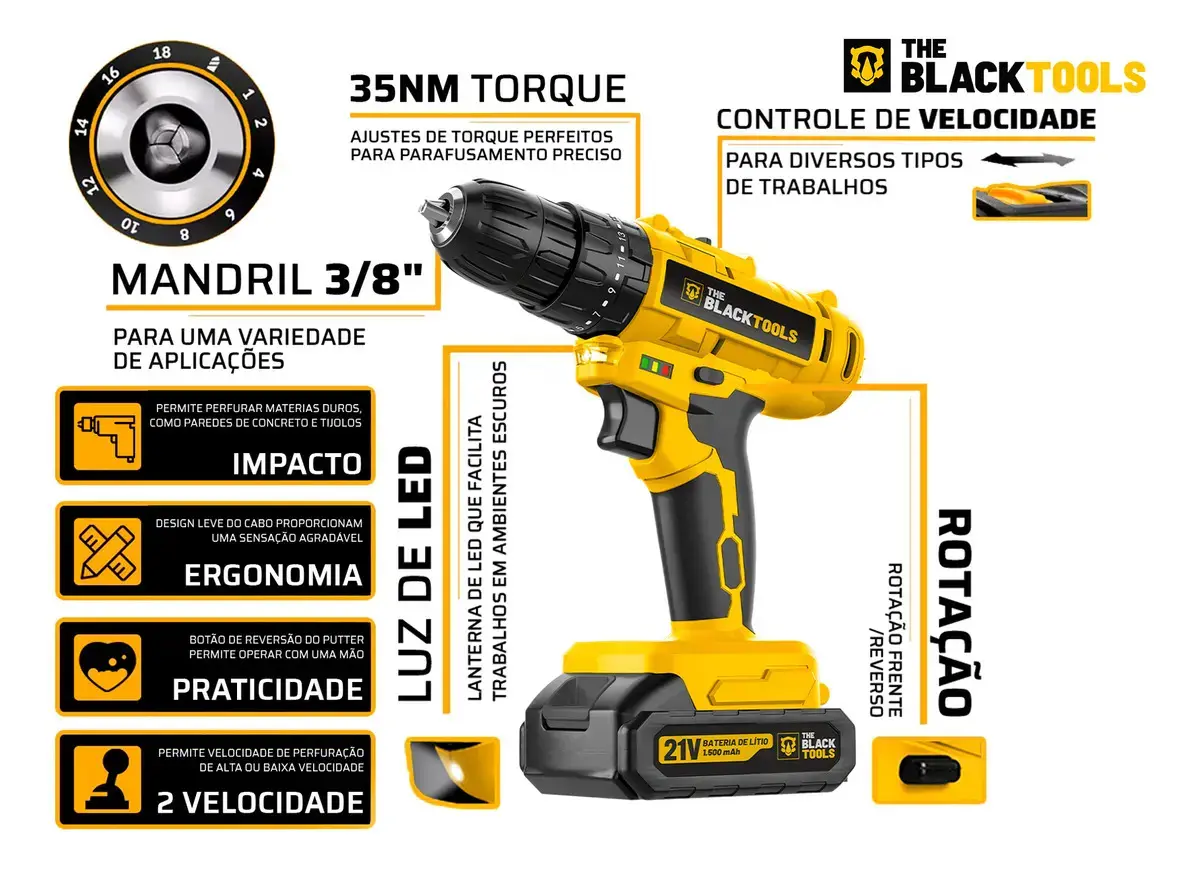 Parafusadeira Furadeira De Impacto A Bateria 21V 3/8” Bivolt 1400 Rpm Com Acessórios E Maleta TB-21PZW The Black Tools thumbnail 2