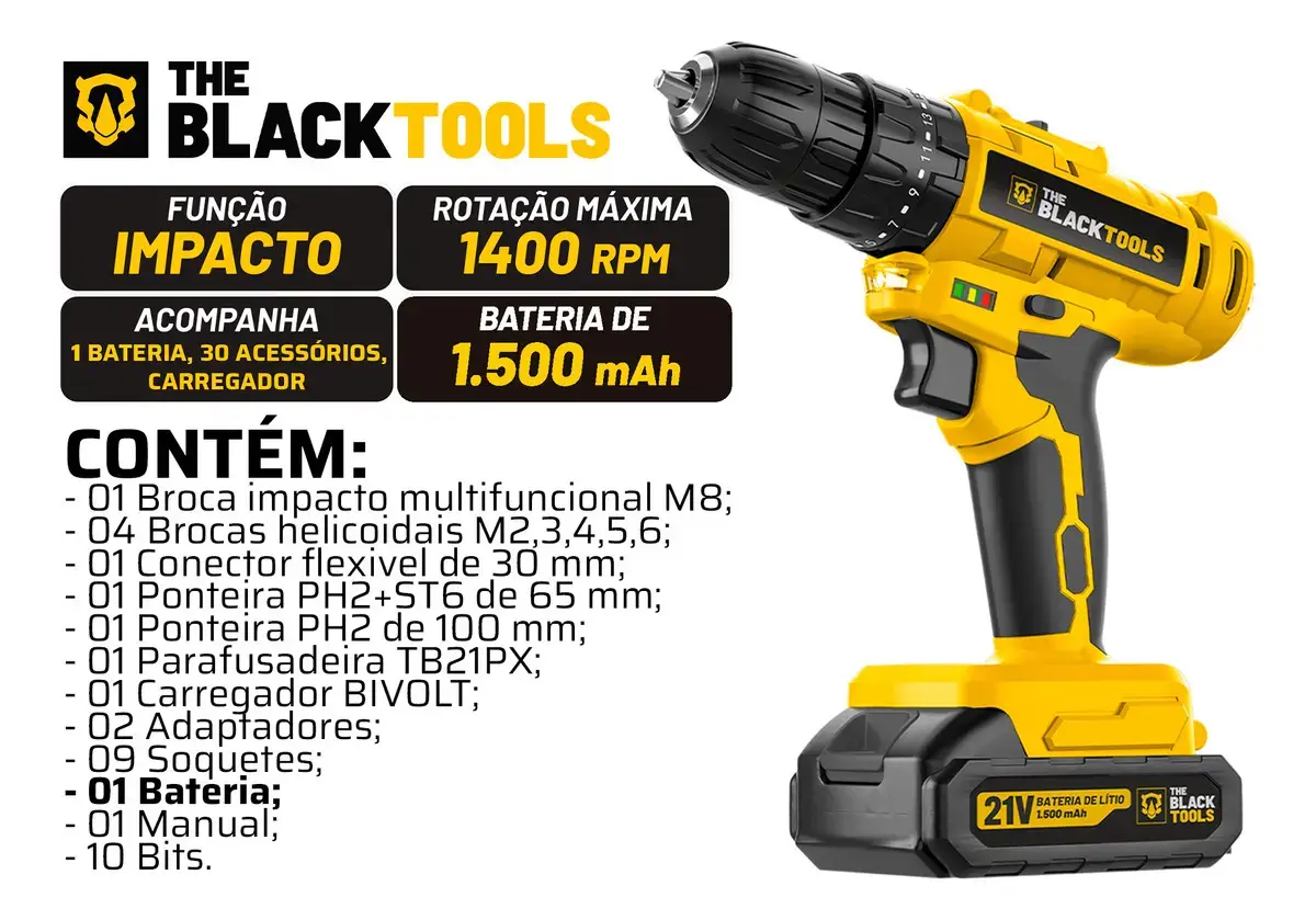 Parafusadeira Furadeira De Impacto A Bateria 21V 3/8” Bivolt 1400 Rpm Com Acessórios E Maleta TB-21PZW The Black Tools thumbnail 3